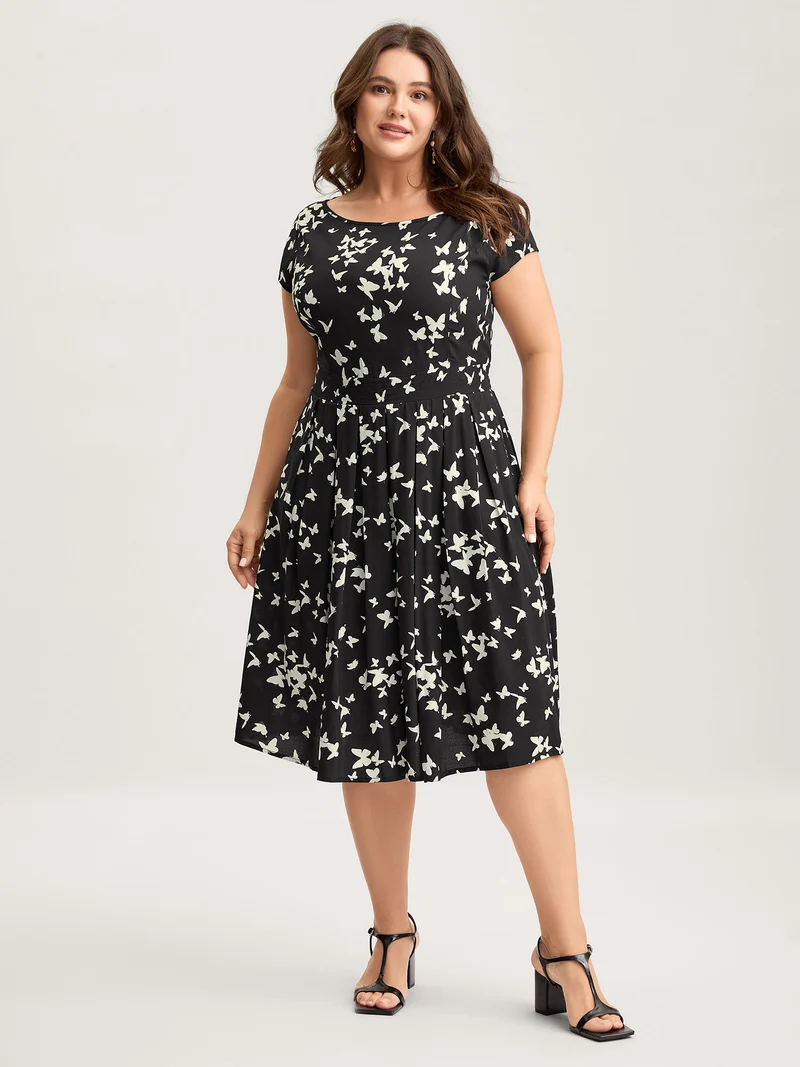 Rayon Monochrome Butterfly Stretchy Midi Dress