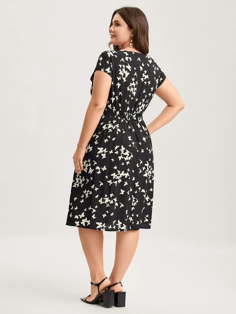 Rayon Monochrome Butterfly Stretchy Midi Dress