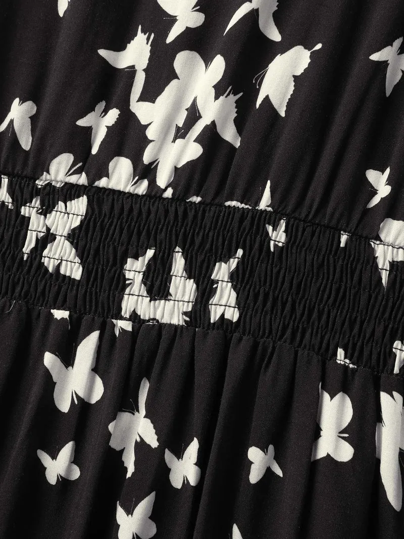 Rayon Monochrome Butterfly Stretchy Midi Dress