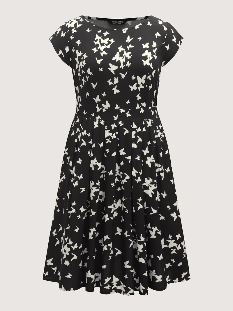 Rayon Monochrome Butterfly Stretchy Midi Dress