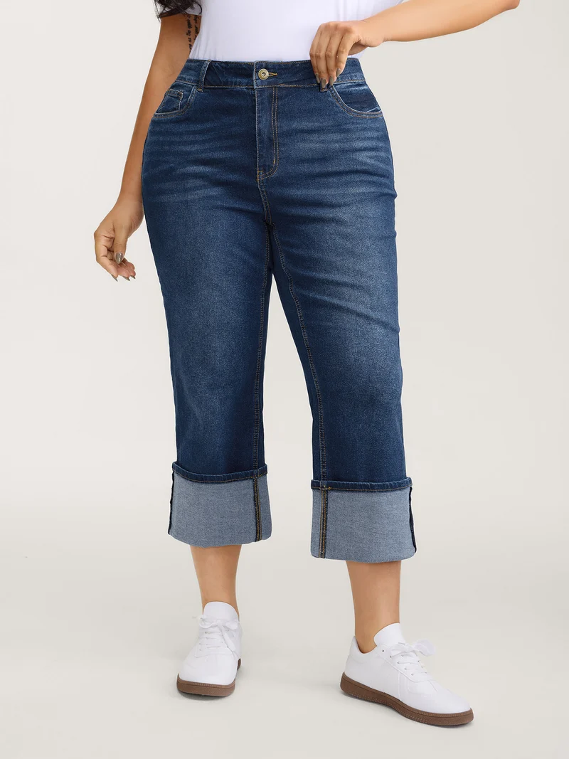 Stretch Rolled Hem Straight-Leg Jeans