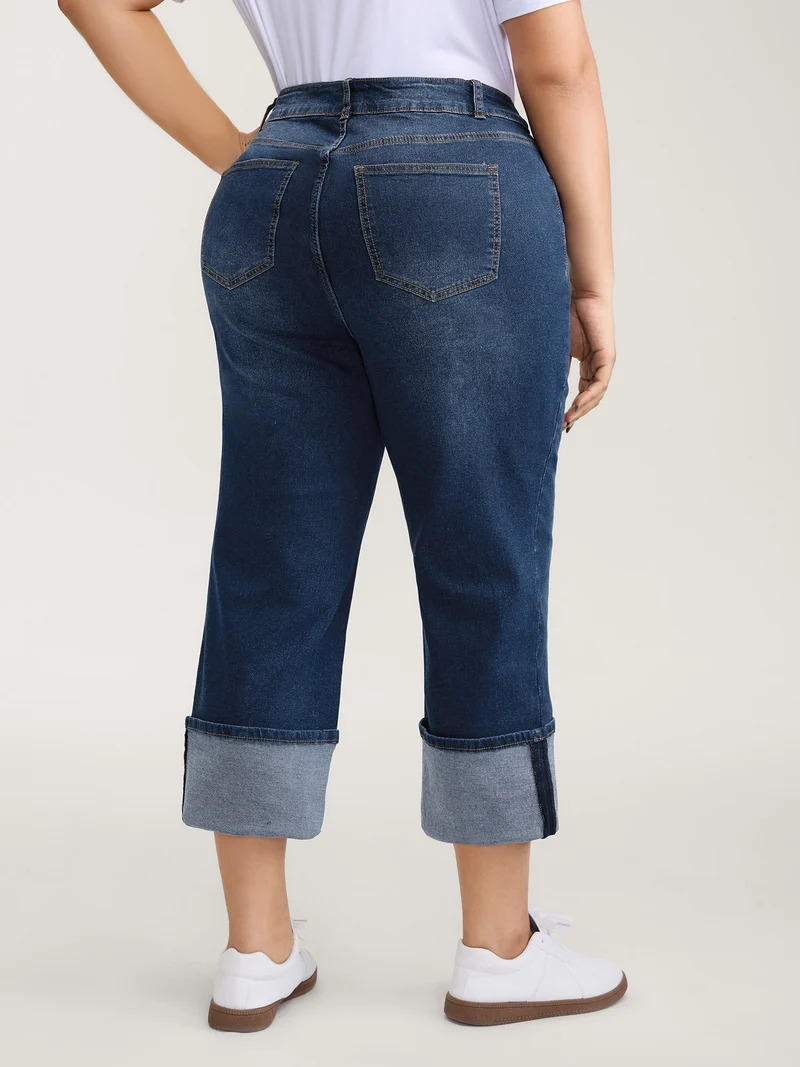 Stretch Rolled Hem Straight-Leg Jeans