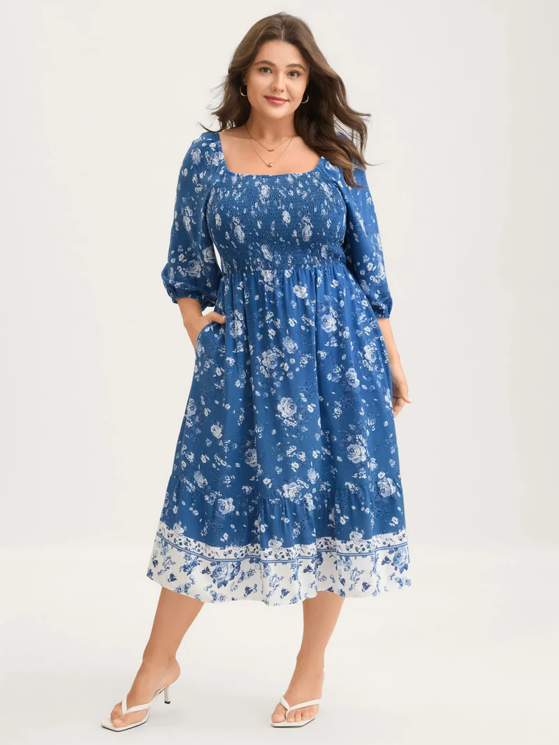 Rosy Print Shirred Bust Pockets Midi Dress