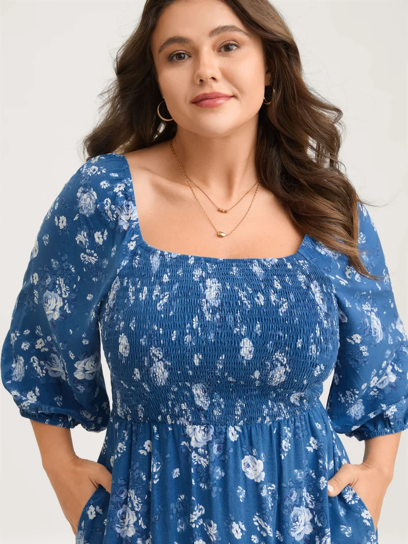Rosy Print Shirred Bust Pockets Midi Dress