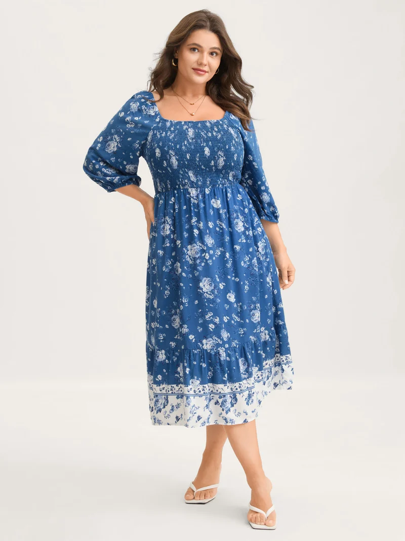 Rosy Print Shirred Bust Pockets Midi Dress