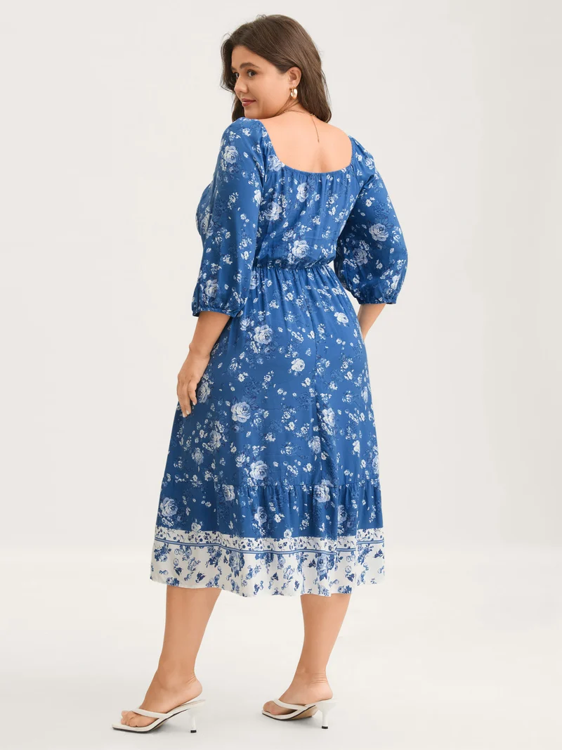 Rosy Print Shirred Bust Pockets Midi Dress