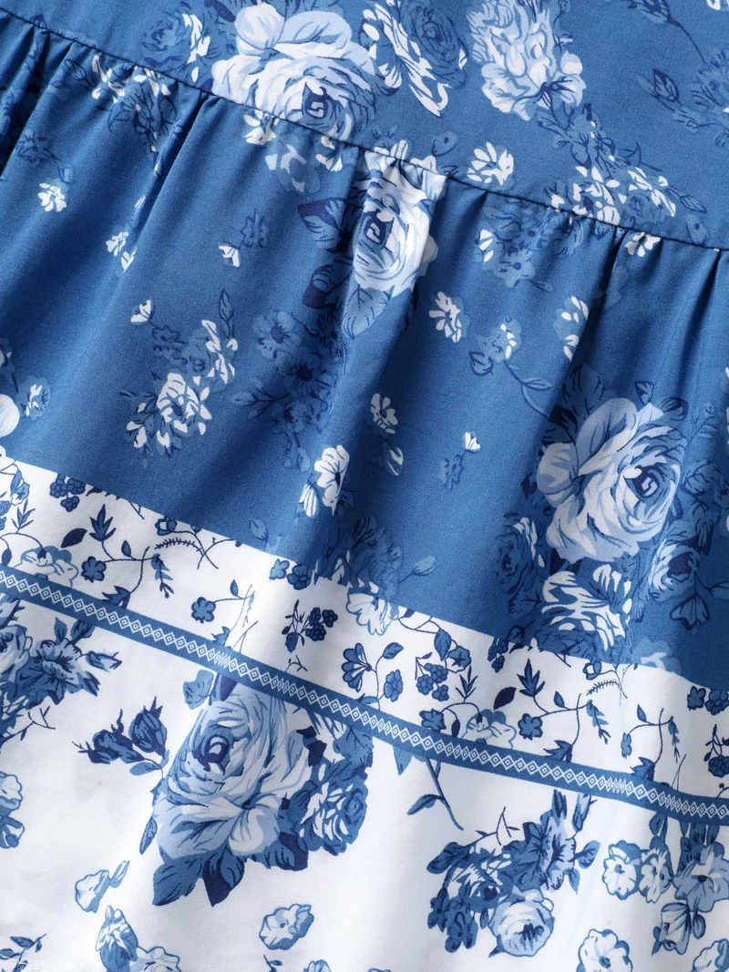 Rosy Print Shirred Bust Pockets Midi Dress