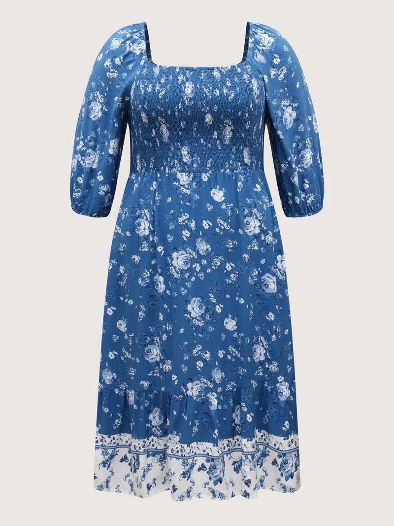 Rosy Print Shirred Bust Pockets Midi Dress