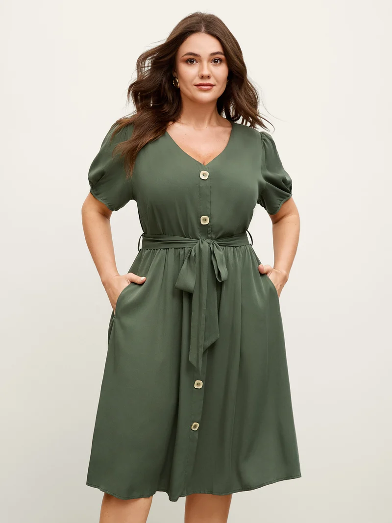 Rayon Button Placket Belted Waist Midi Dress