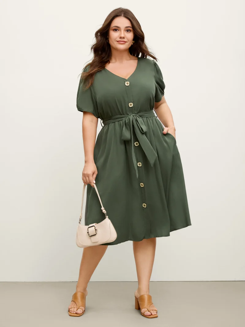 Rayon Button Placket Belted Waist Midi Dress