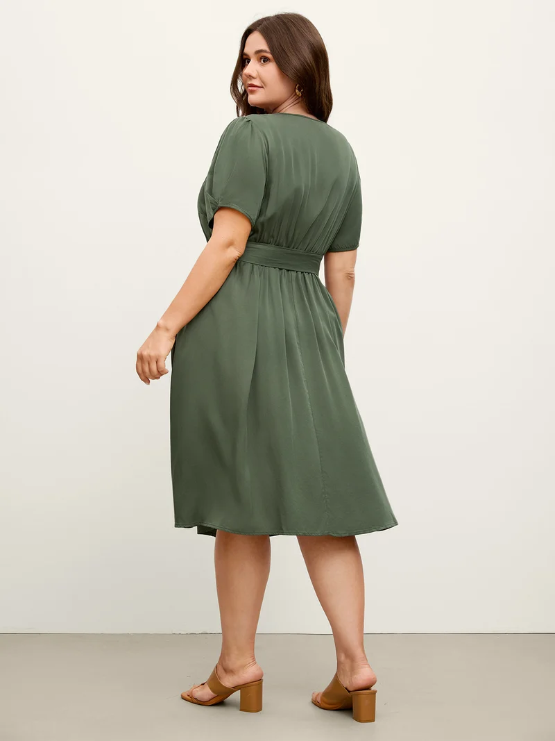 Rayon Button Placket Belted Waist Midi Dress