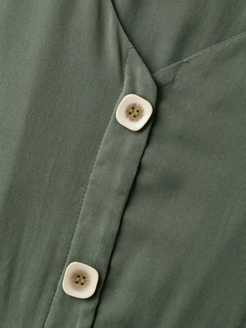 Rayon Button Placket Belted Waist Midi Dress