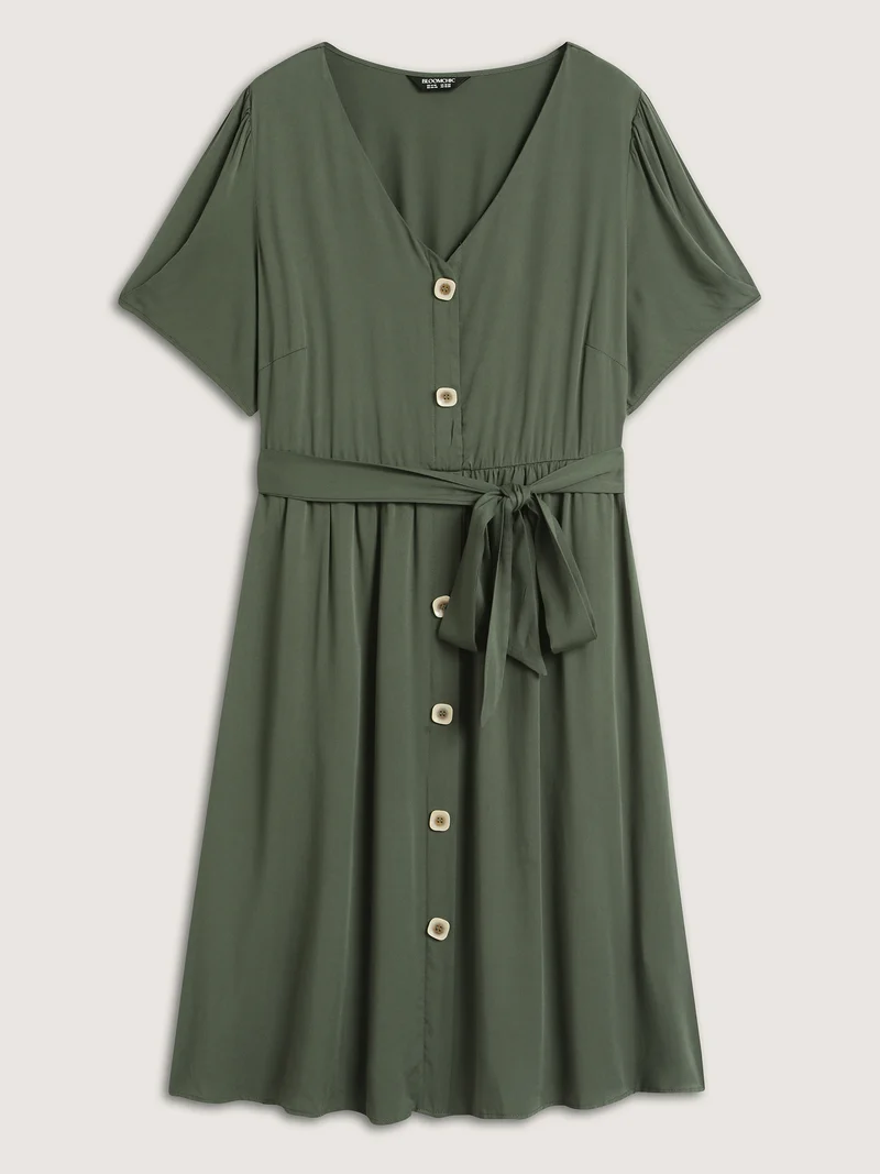 Rayon Button Placket Belted Waist Midi Dress