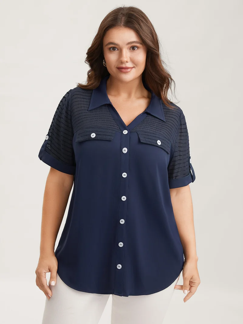 Sheer Neck Collar Tab Sleeve Blouse