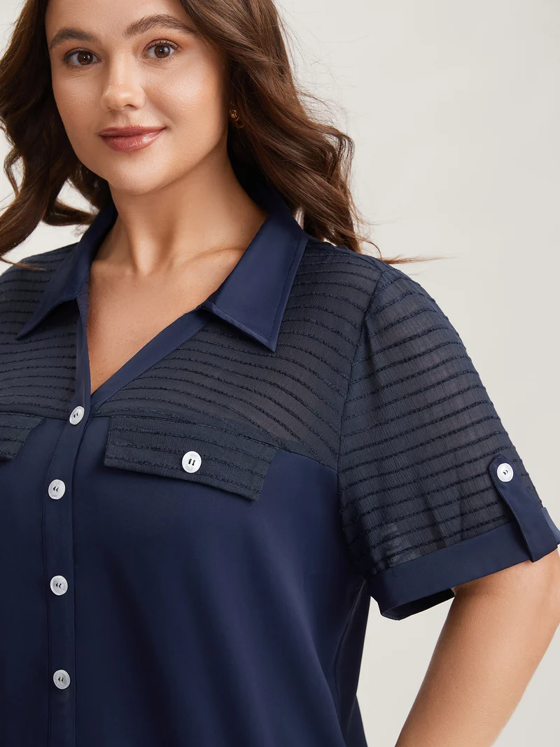Sheer Neck Collar Tab Sleeve Blouse