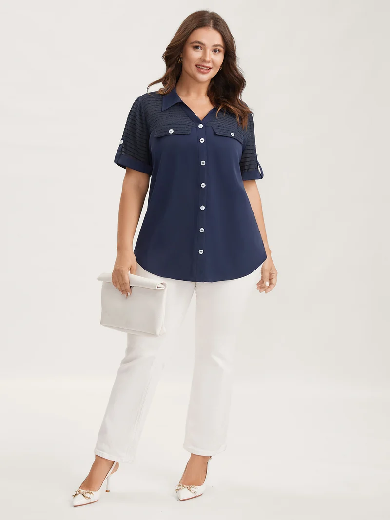 Sheer Neck Collar Tab Sleeve Blouse
