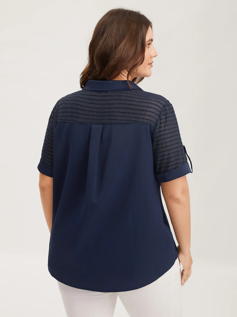 Sheer Neck Collar Tab Sleeve Blouse