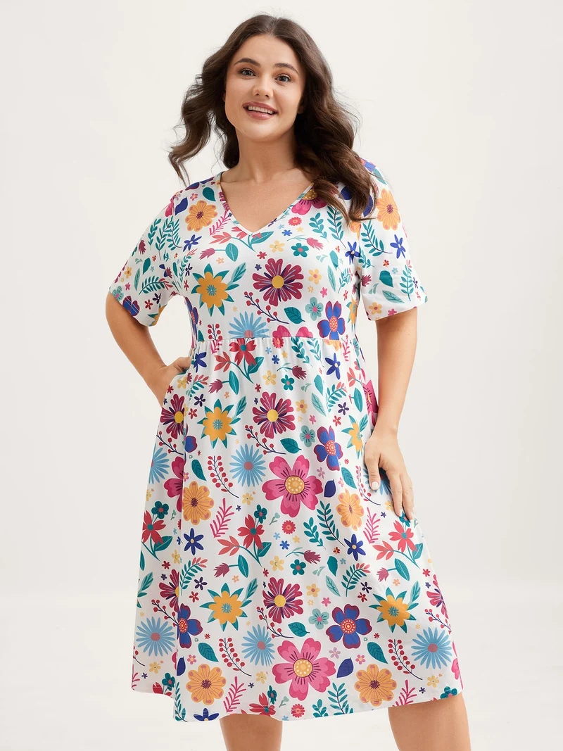 Floral Waist-Defining Pockets Knit Midi Dress