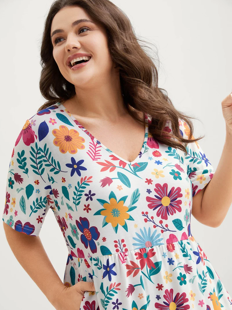 Floral Waist-Defining Pockets Knit Midi Dress