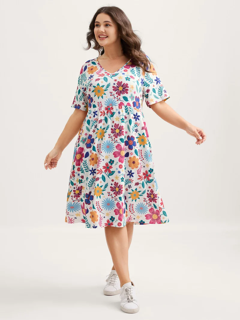 Floral Waist-Defining Pockets Knit Midi Dress