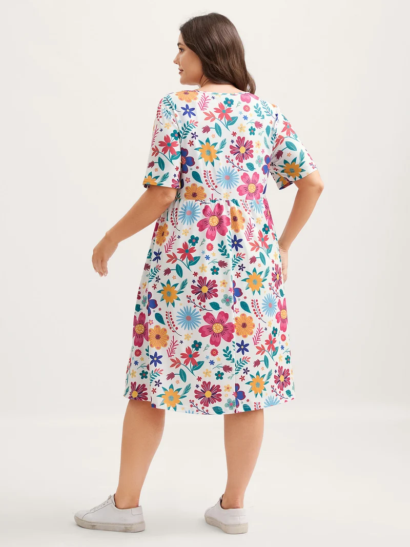 Floral Waist-Defining Pockets Knit Midi Dress