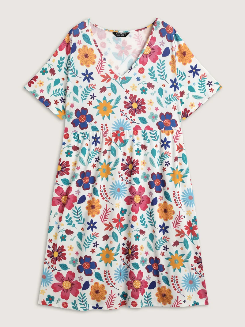 Floral Waist-Defining Pockets Knit Midi Dress