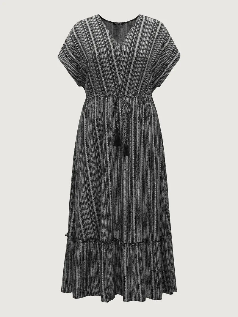Striped Tassel Drawstring Tiered Midi Dress