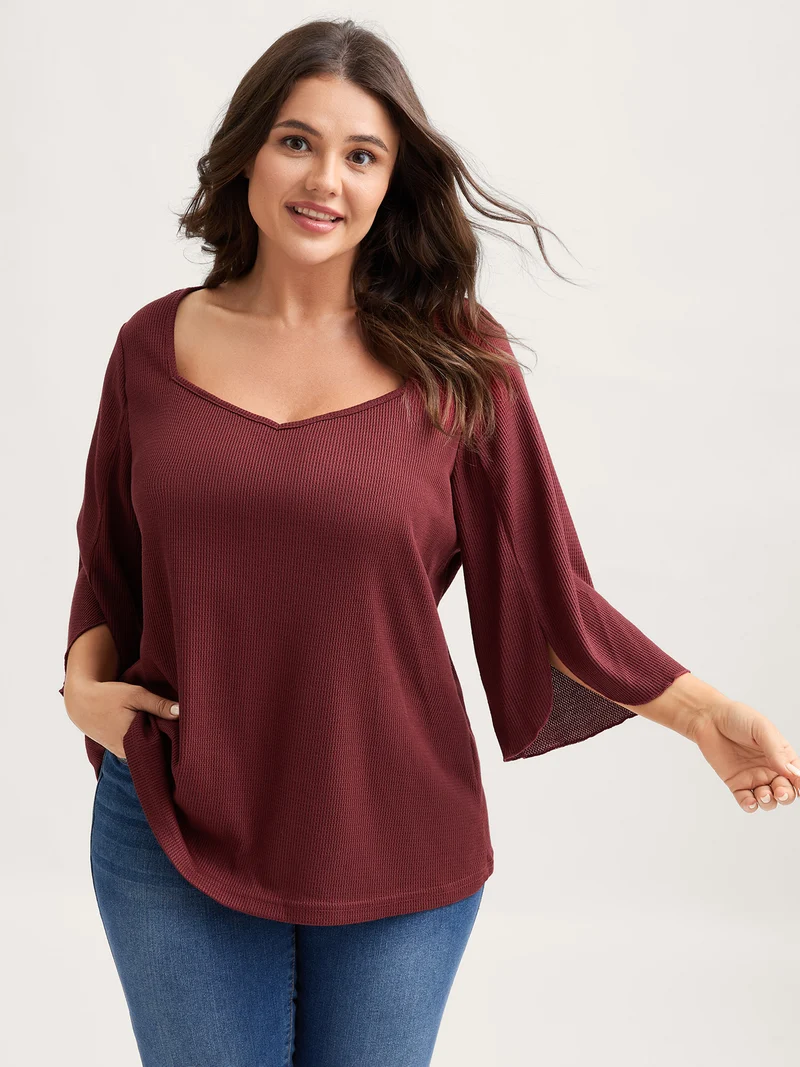 Split Bell Sleeve Waffle T-Shirt