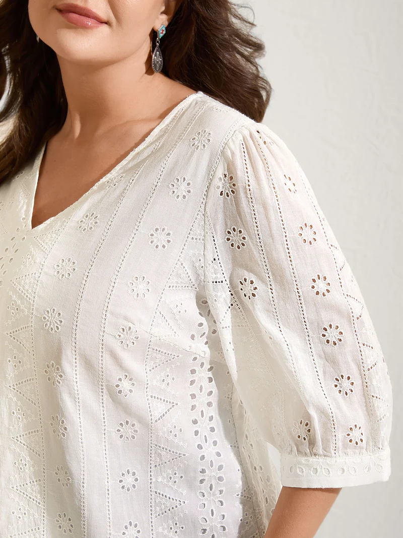 Cotton Eyelet Embroidery V-Neck Blouse