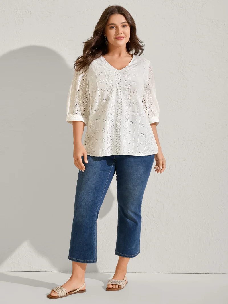 Cotton Eyelet Embroidery V-Neck Blouse