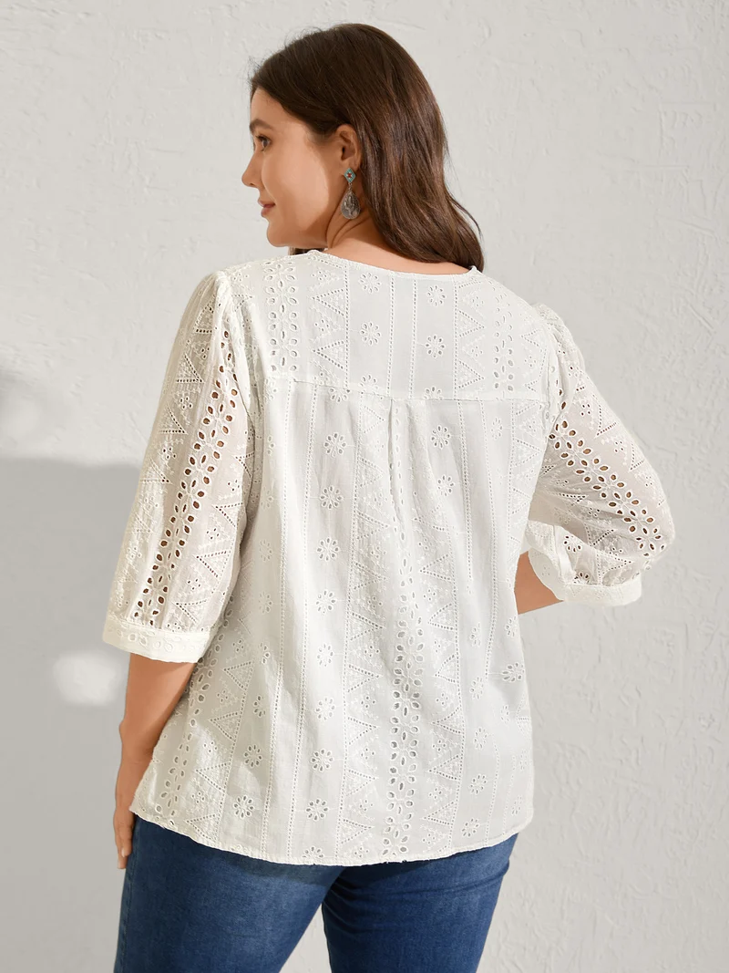 Cotton Eyelet Embroidery V-Neck Blouse