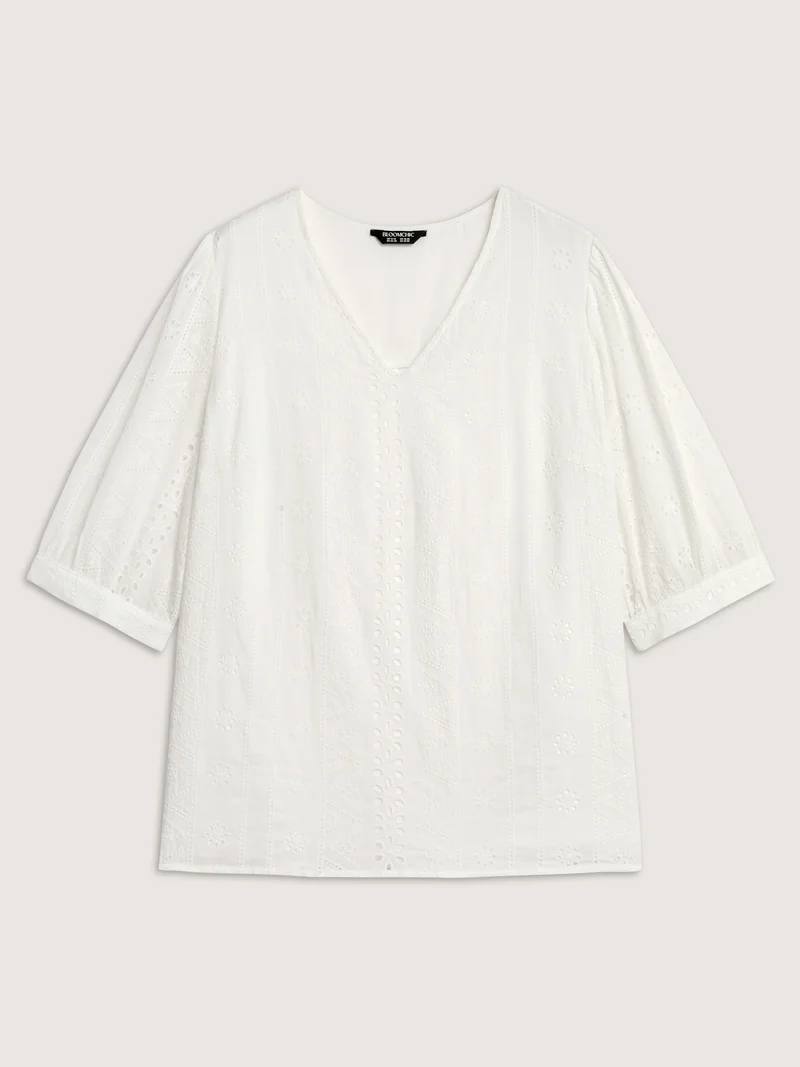 Cotton Eyelet Embroidery V-Neck Blouse