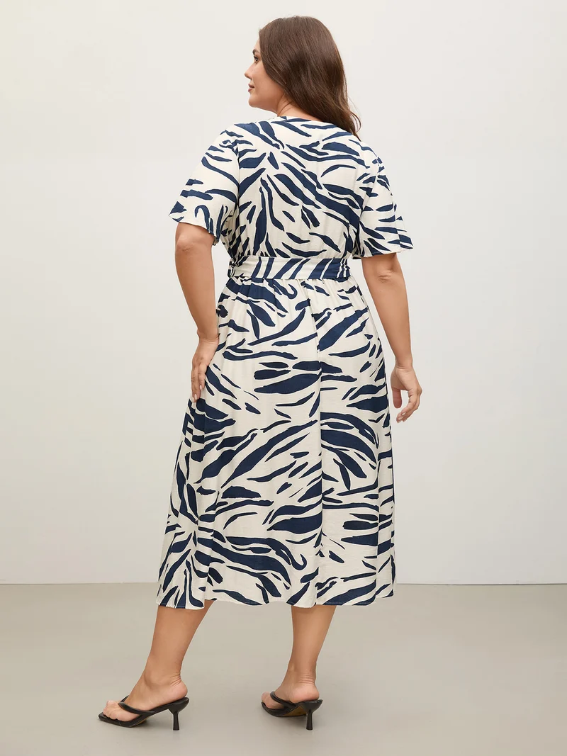 Abstract Print Belted Pockets Midi Dress