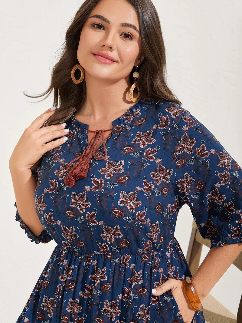 Boho Floral Neck Tie Midi Dress
