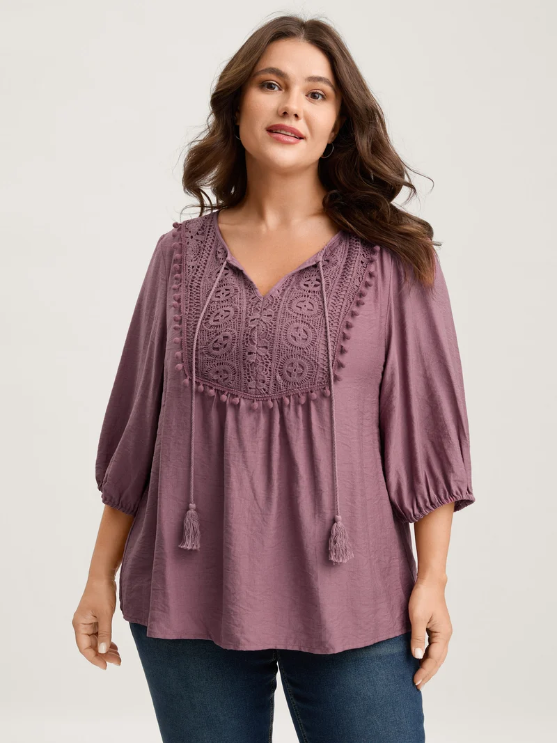 Lace Neck Tie Flowy Solid Blouse