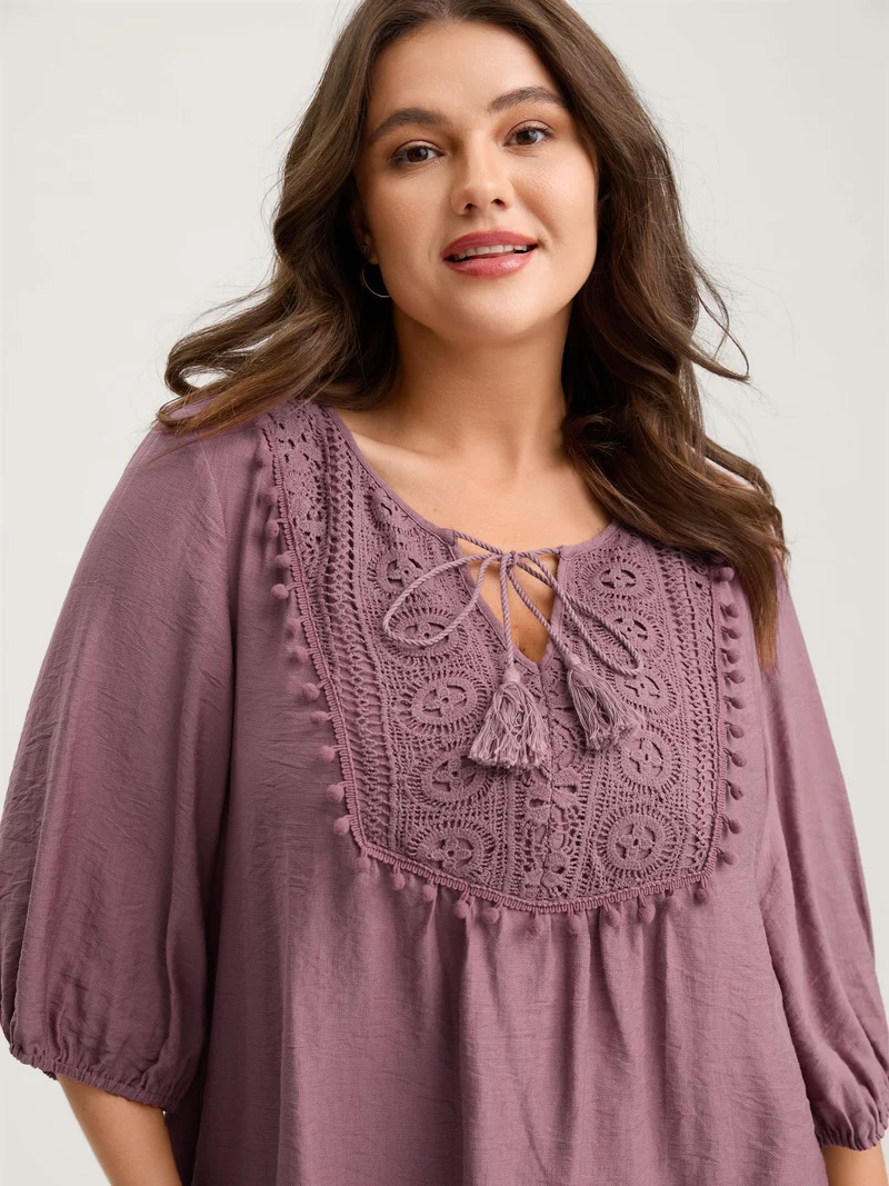 Lace Neck Tie Flowy Solid Blouse