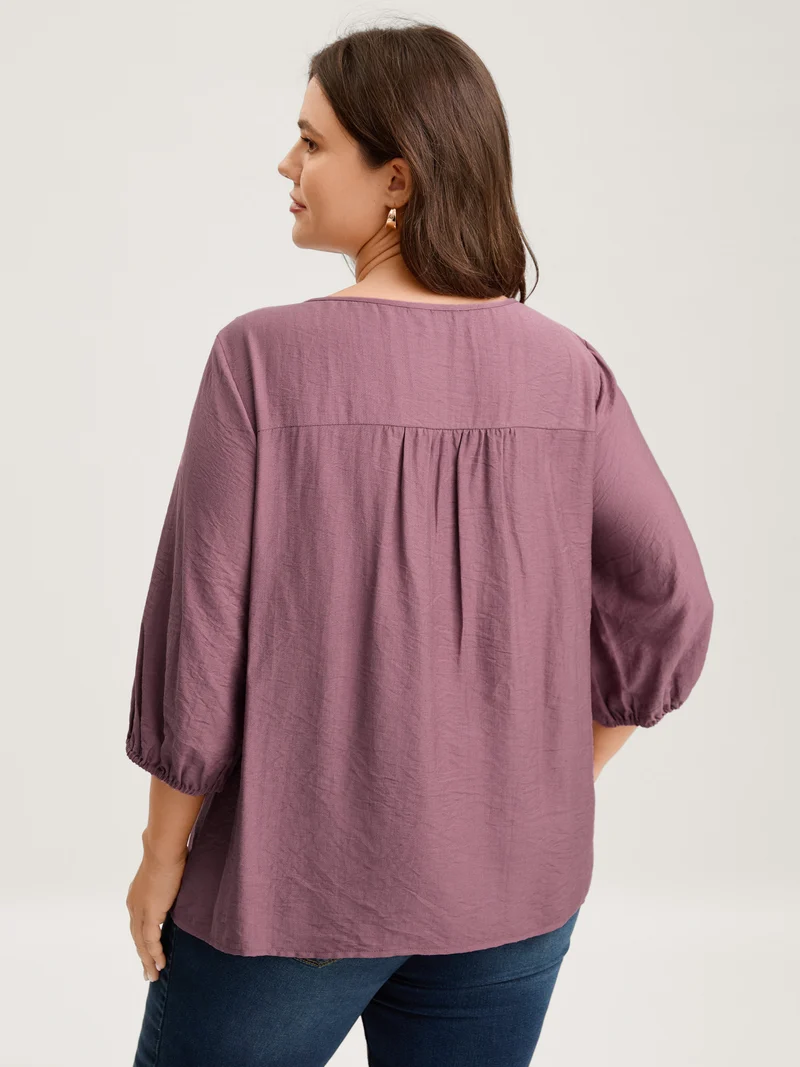 Lace Neck Tie Flowy Solid Blouse