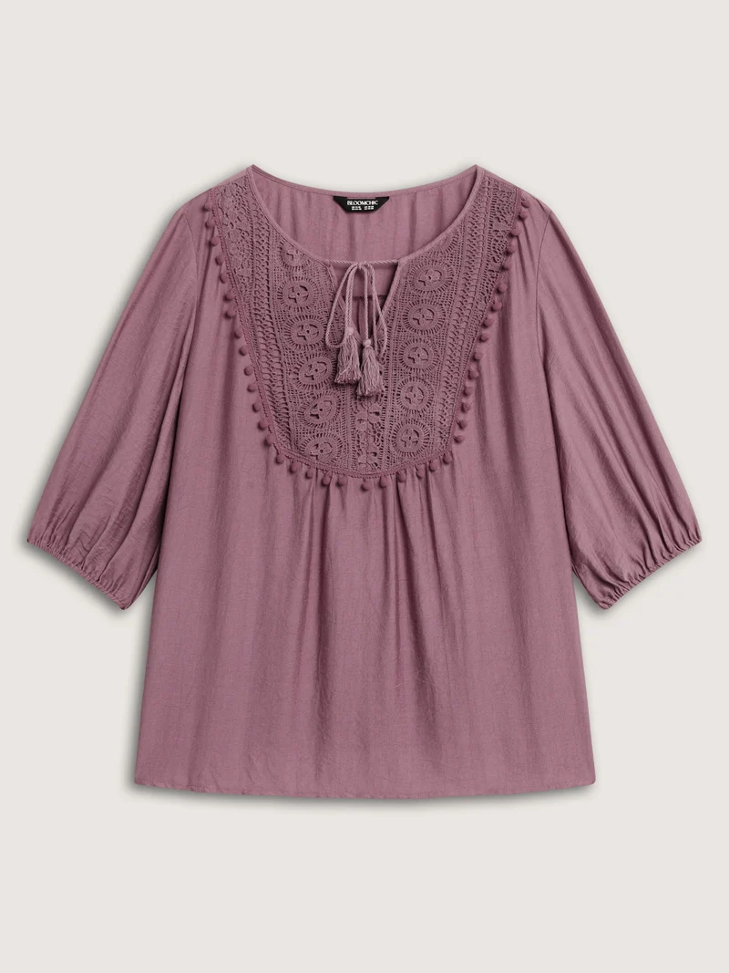 Lace Neck Tie Flowy Solid Blouse