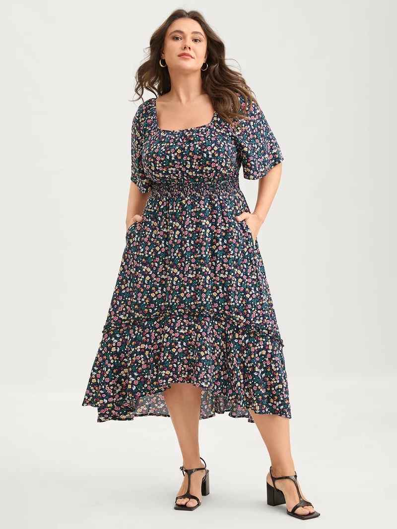 Micro Floral Shirred Asymmetrical Midi Dress