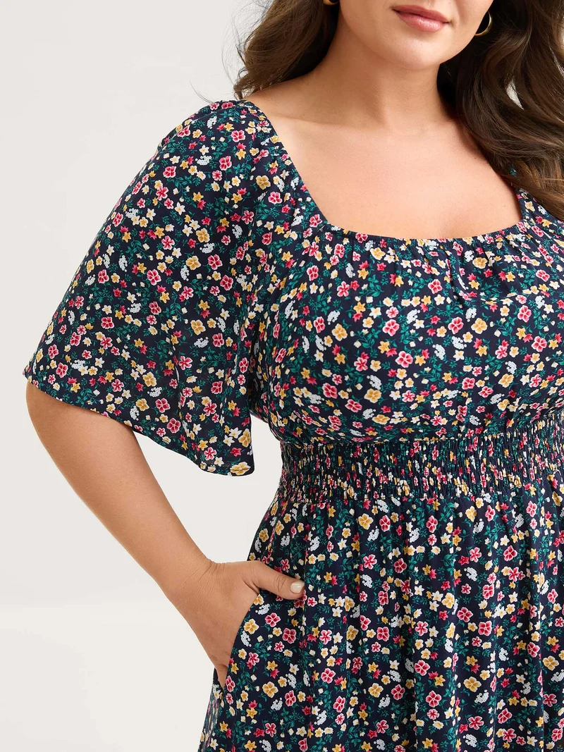 Micro Floral Shirred Asymmetrical Midi Dress