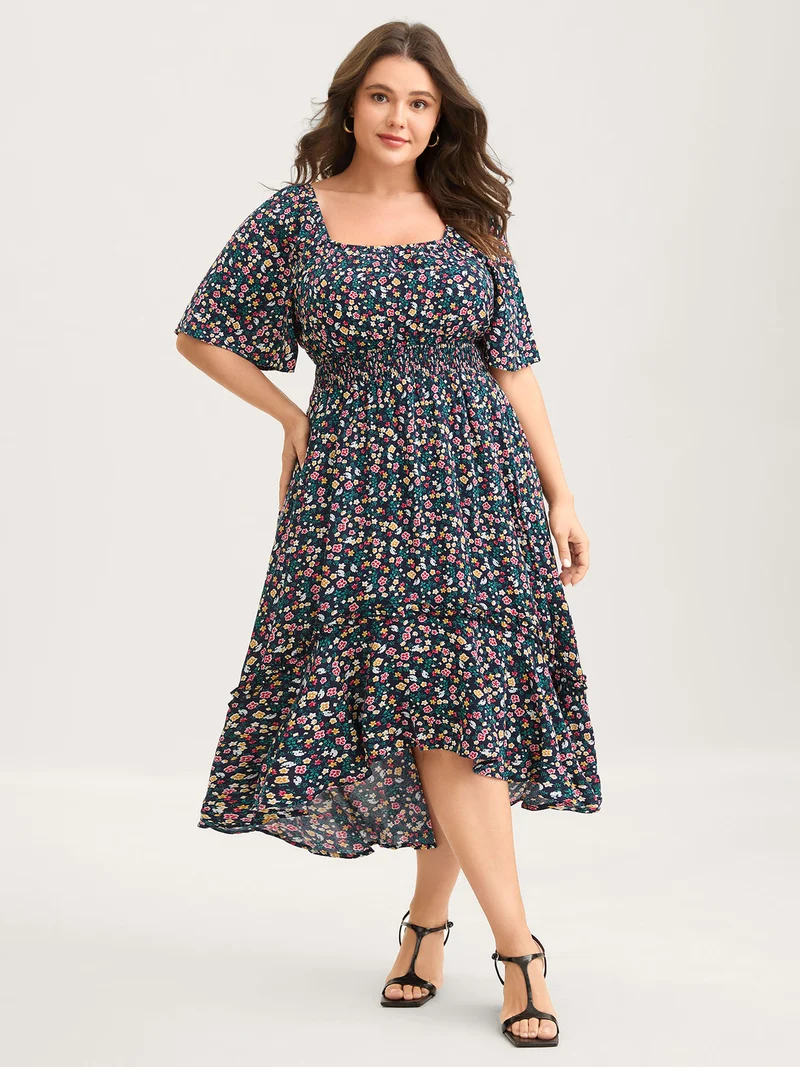 Micro Floral Shirred Asymmetrical Midi Dress
