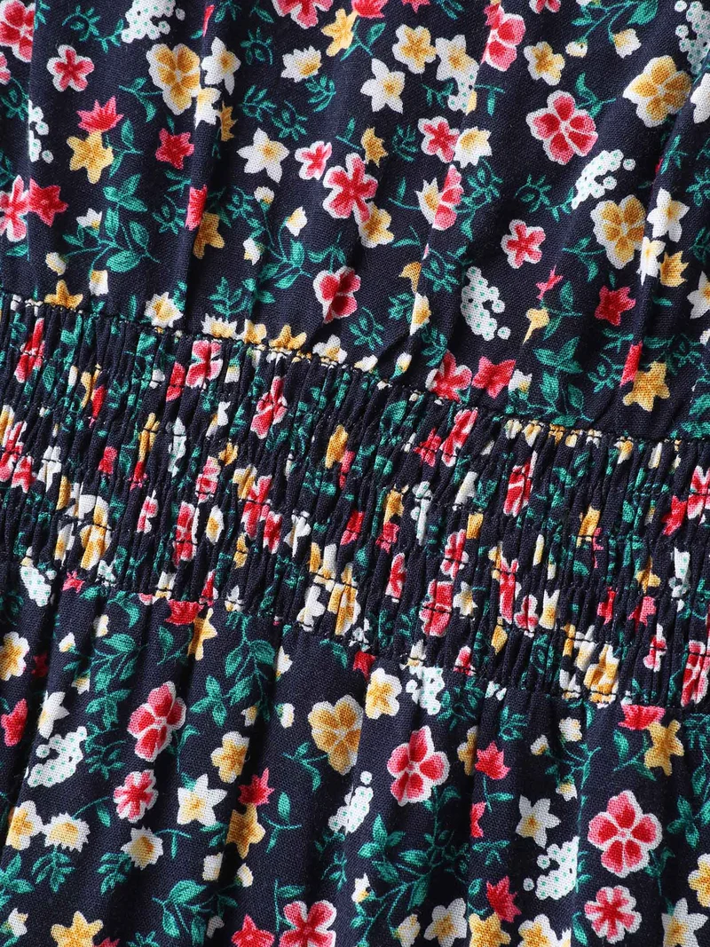Micro Floral Shirred Asymmetrical Midi Dress
