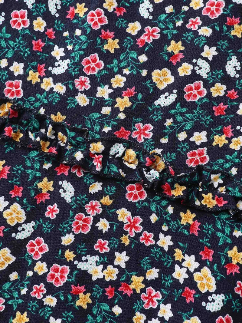 Micro Floral Shirred Asymmetrical Midi Dress