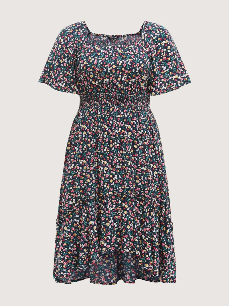 Micro Floral Shirred Asymmetrical Midi Dress