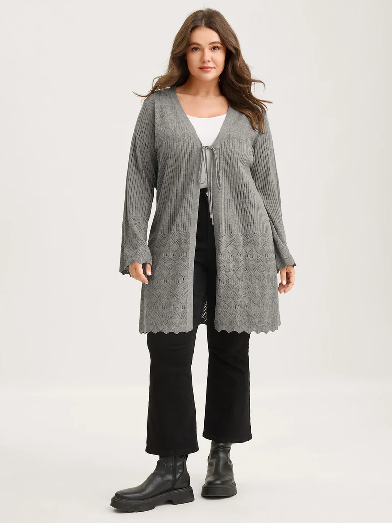 Front Tie Textured Long Knit Cardigan