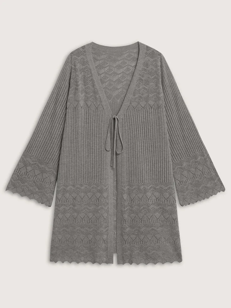 Front Tie Textured Long Knit Cardigan