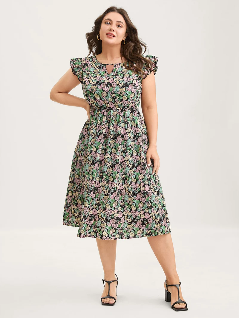Floral Layered Ruffled Sleeve Midi Dress