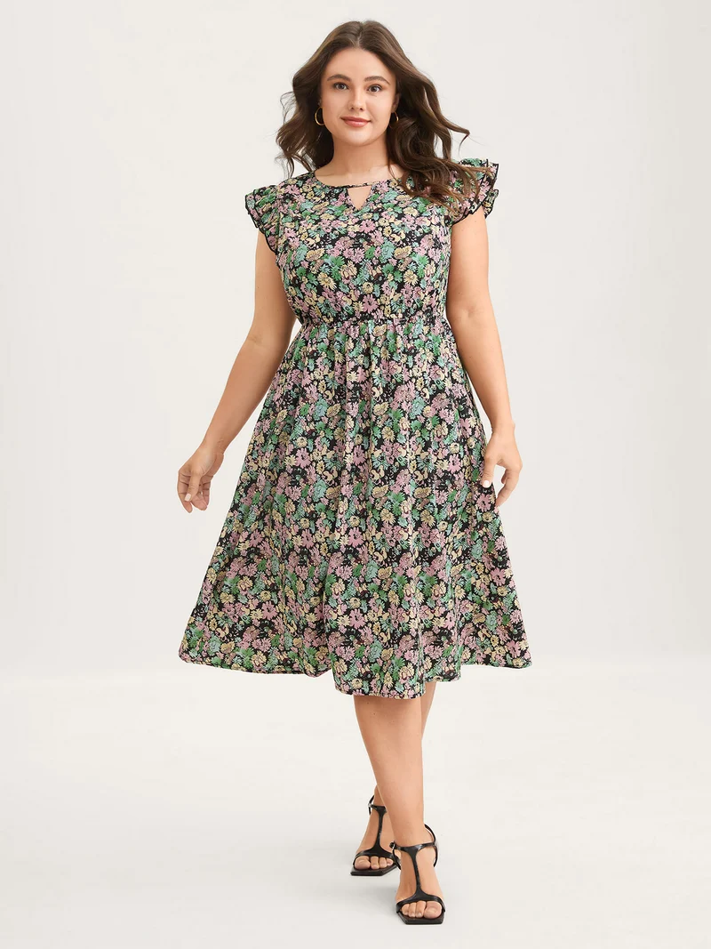 Floral Layered Ruffled Sleeve Midi Dress