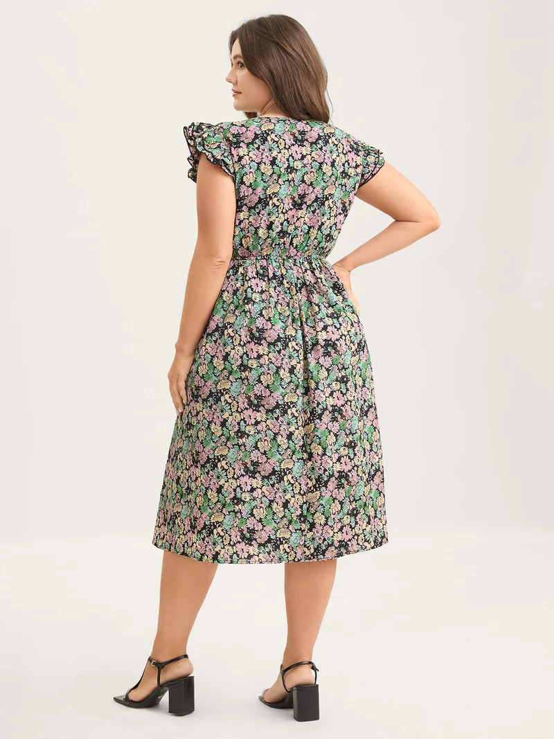 Floral Layered Ruffled Sleeve Midi Dress