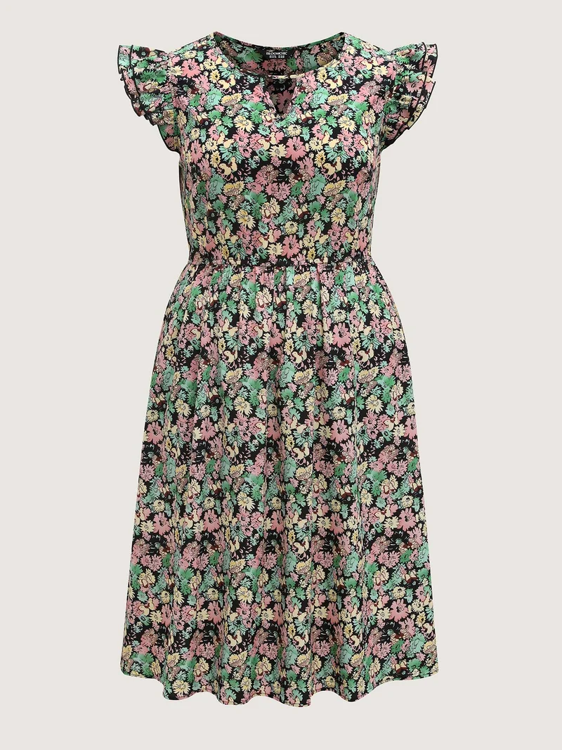 Floral Layered Ruffled Sleeve Midi Dress